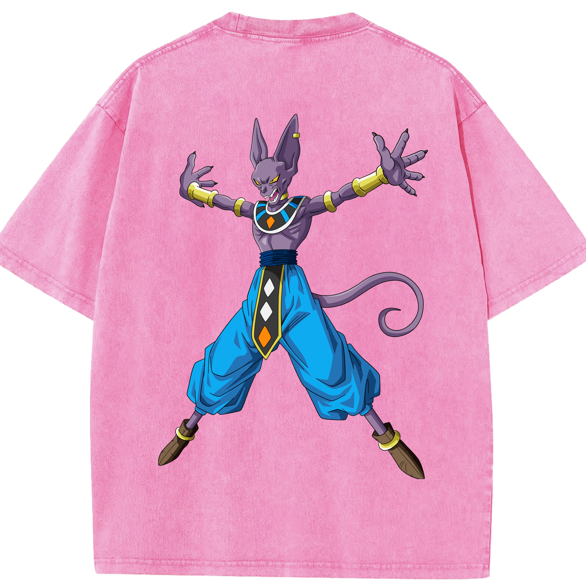 （画像用） ドラゴンボール ビルス 破壊神ビルス DRAGON BALL Beerus Birusu 綿100% ヴィンテージ風 半袖Tシャツ（背面プリント）